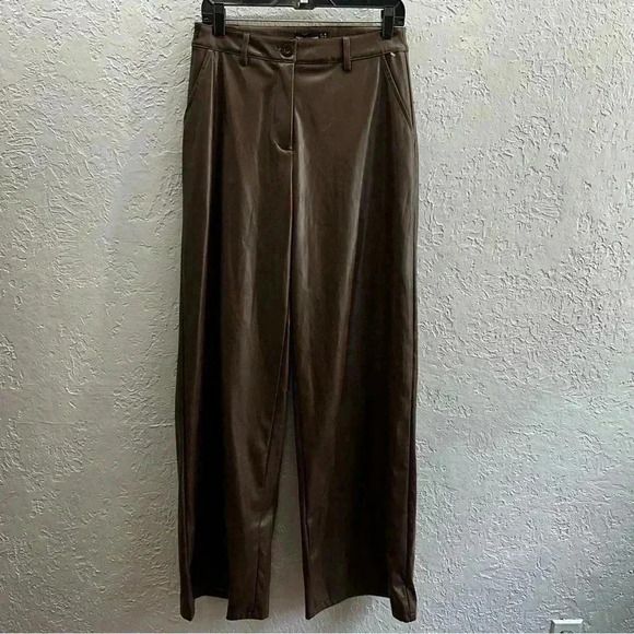 PrettyLittleThing Chocolate PU High Waist Wide Leg Pants Size 6 - Picture 3 of 12